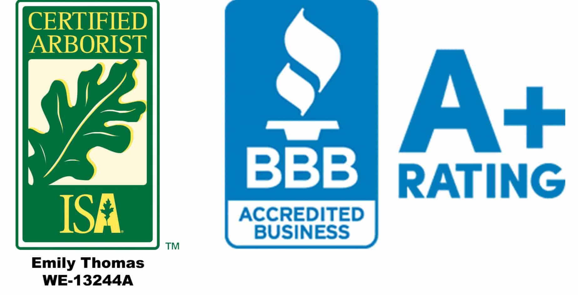 Three logos of Certified Arborist, BBB accreditation, and A+ rating